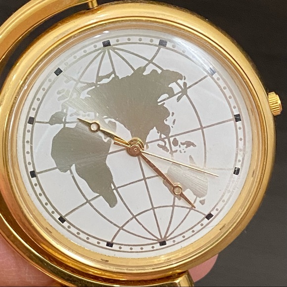 Vintage Flat Globe World Map Gold-tone Mini Desk Clock - Picture 5 of 10